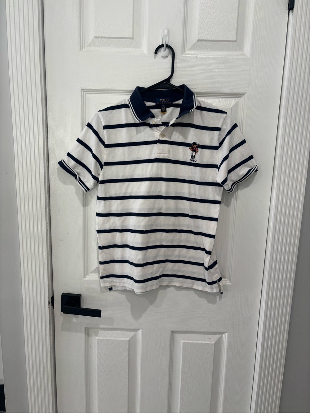Polo by Ralph Lauren White and Navy Striped Polo with Embroidered Bear